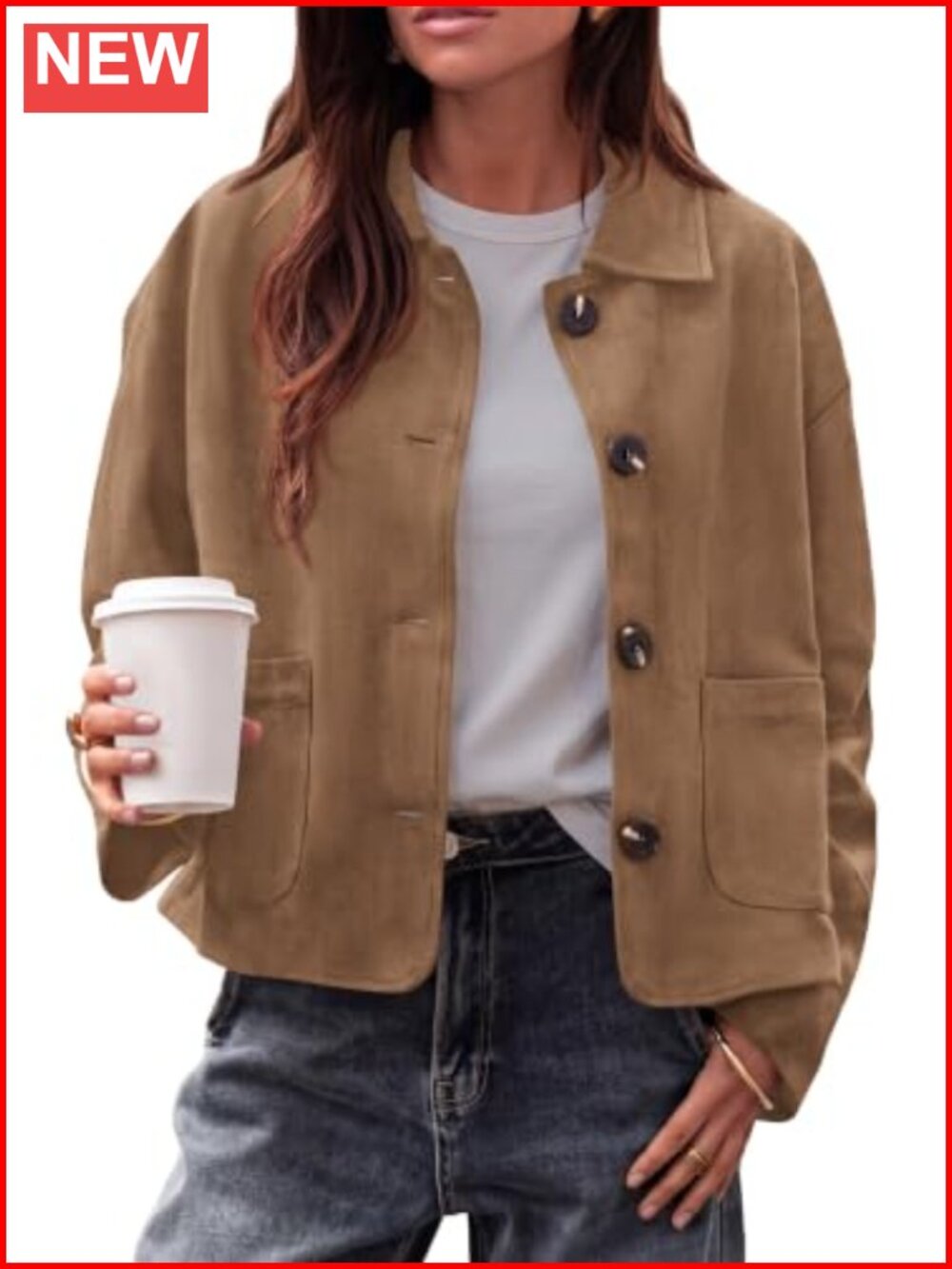 Faux Suede Casual Cropped Fall Jacket for Women Button Front